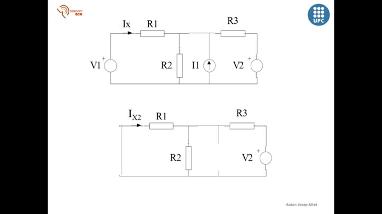 32. Exemple d’anàlisi de circuits emprant el principi de superposició