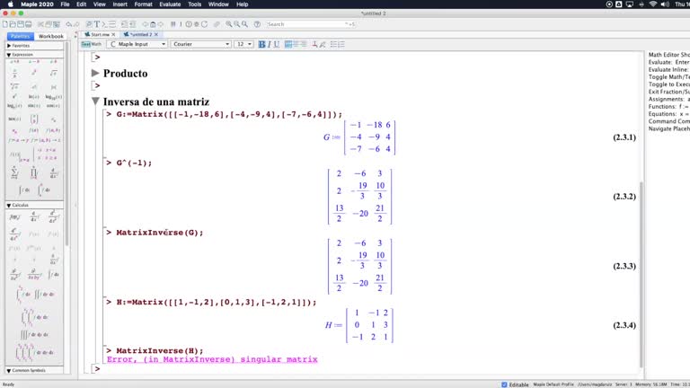 Pràctiques Maple -- Matrius/Sistemes lineals. 04 Inversa Rang
